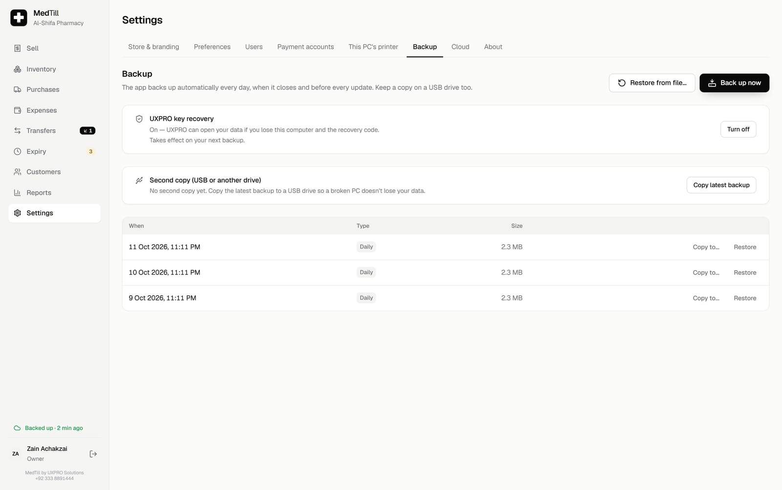 The MedTill Backup settings screen