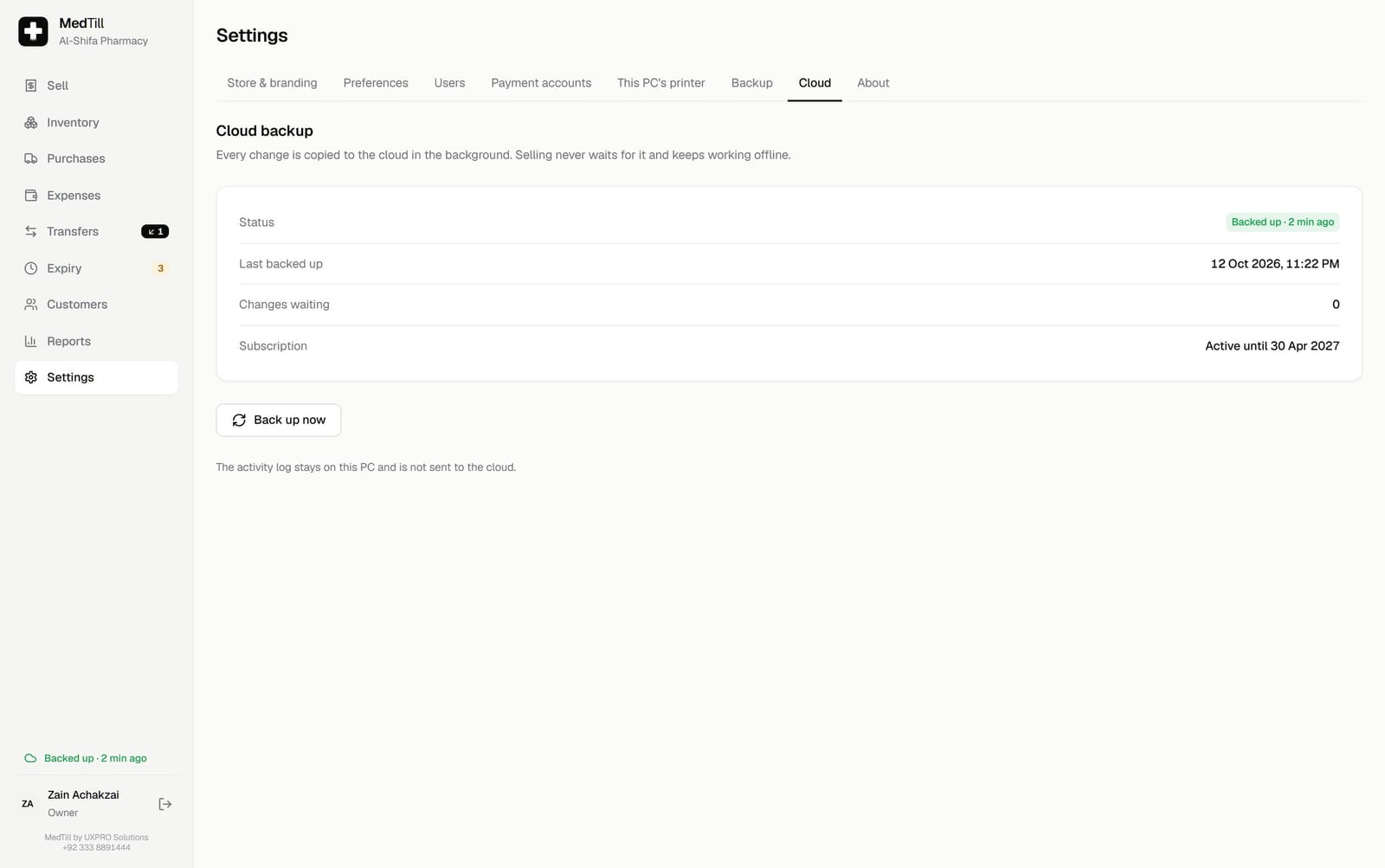 The cloud backup status in MedTill Settings